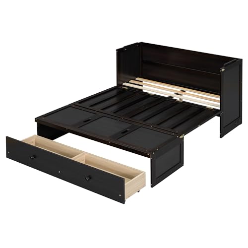 Full Murphy Bed with USB Charging Station and Large Drawer, Wooden Full Size Bed Wall Bed with Storage, Espresso M13167
