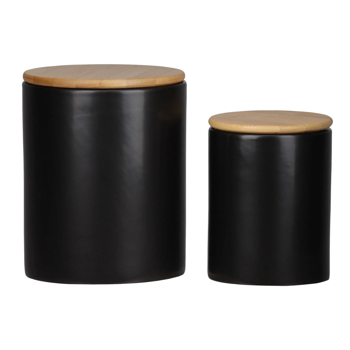 Dual Tone Round Ceramic Canister with Wooden Lid, Set of 2 Q61106