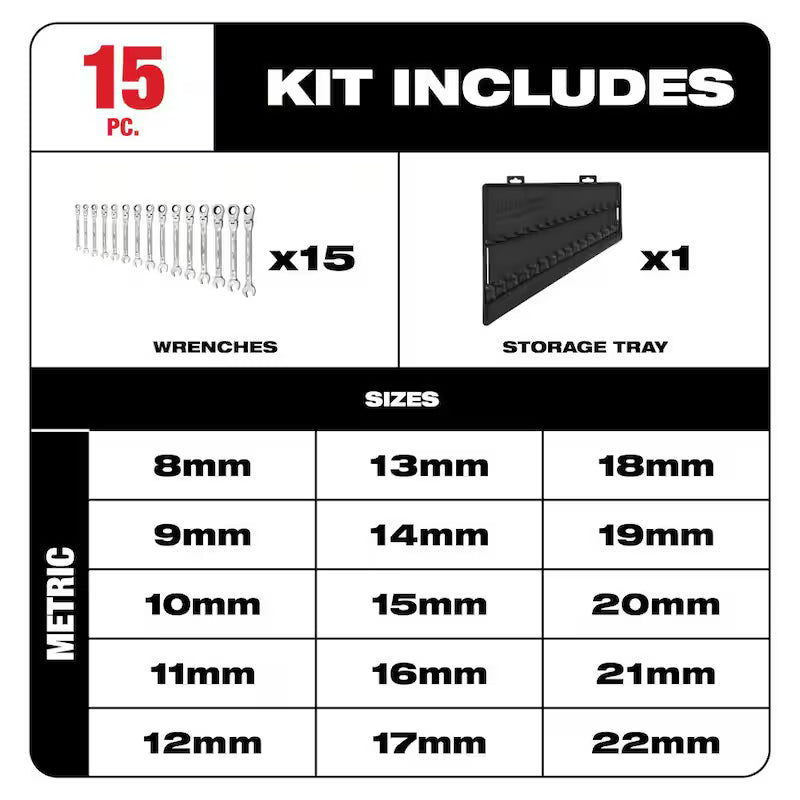 15-Piece Flex-Head Ratcheting Combination Wrench Set Metric Z350767