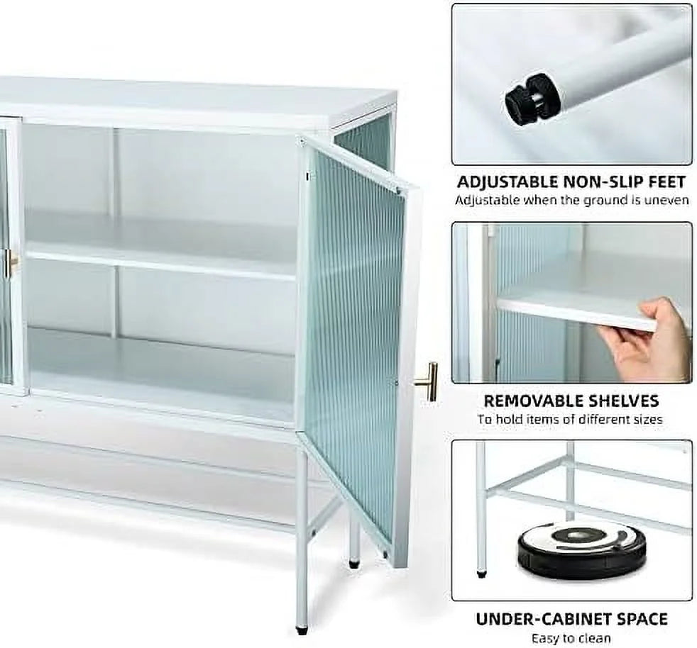 White Fluted Glass Corner Cabinet Sideboard I9012
