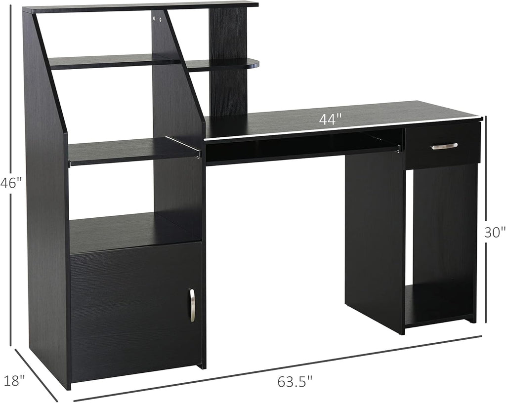 Black Wood Grain Computer Desk with Sliding Keyboard and Storage Shelves L54541
