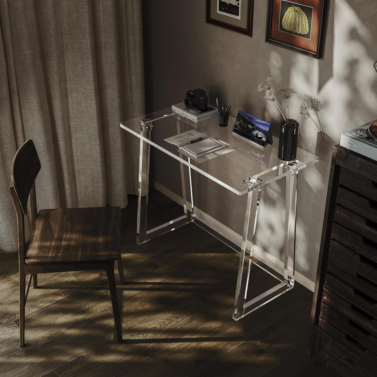 Clear Acrylic Desk 35.4 Inch with Trapezoid-shaped Legs I239