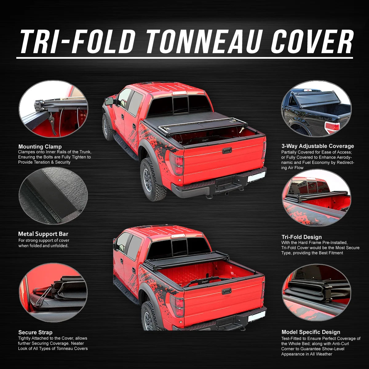 Tri-Fold Soft Top Tonneau Cover for Ford F250 F350 Super Duty 6.5' Bed A30446