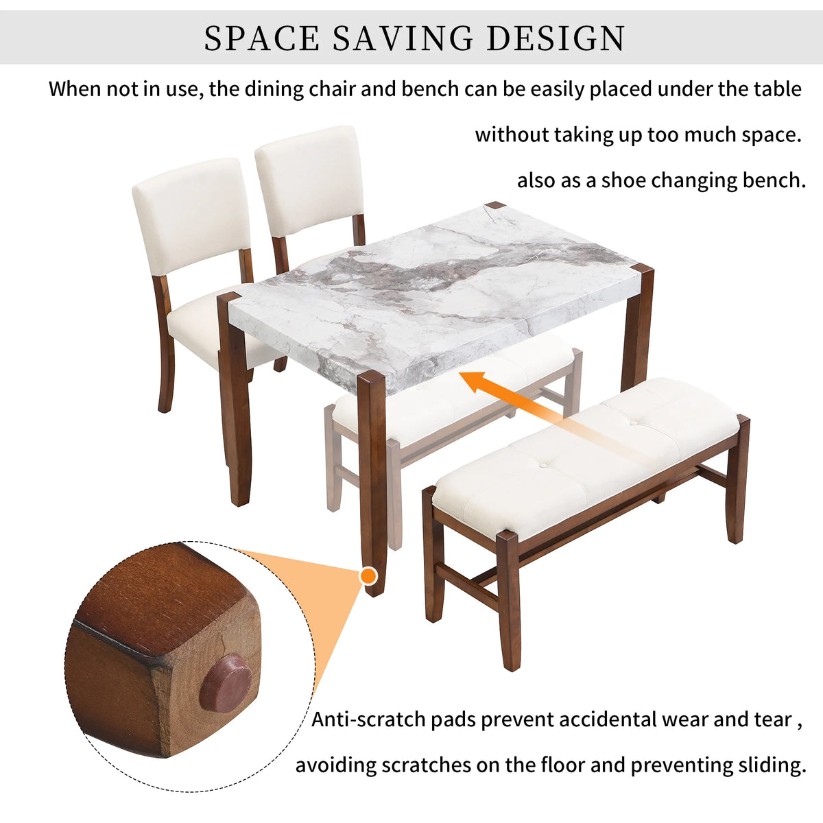 4-Piece Faux Marble Dining Furniture Set with 2 Upholstered Chairs & Bench T960207