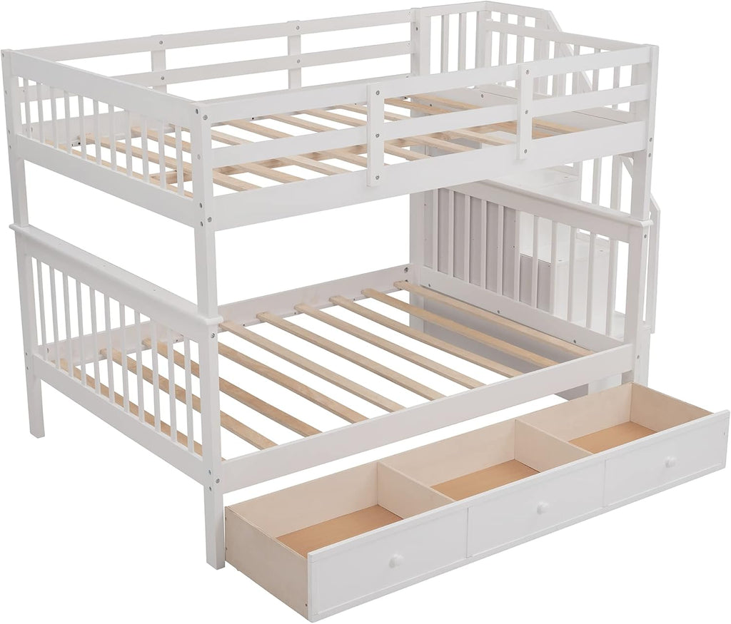 White Full Over Full Wooden Bunk Bed with Stairs and Storage Drawers N1942