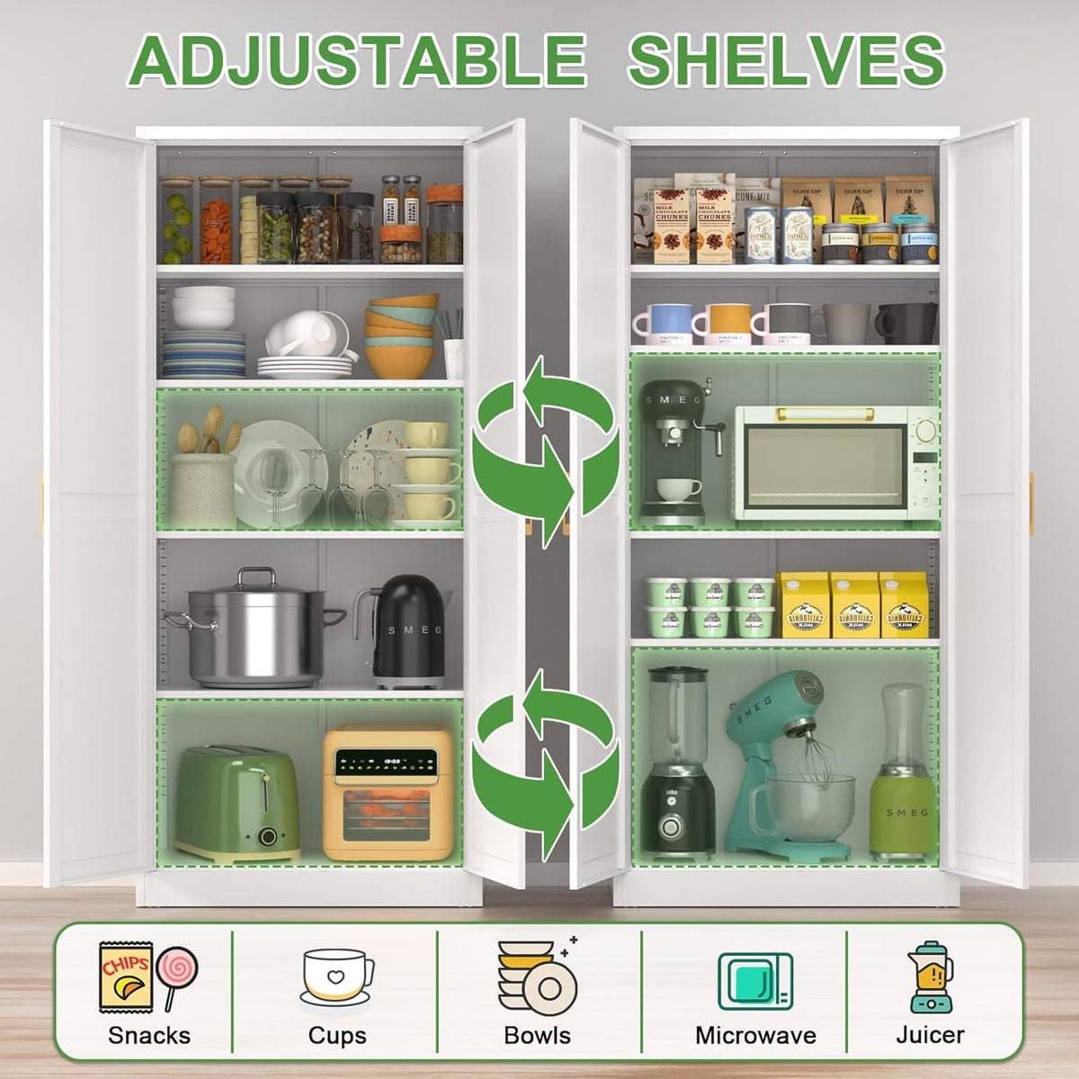 White Tall Kitchen Pantry Cabinet with Doors and Shelves H221495