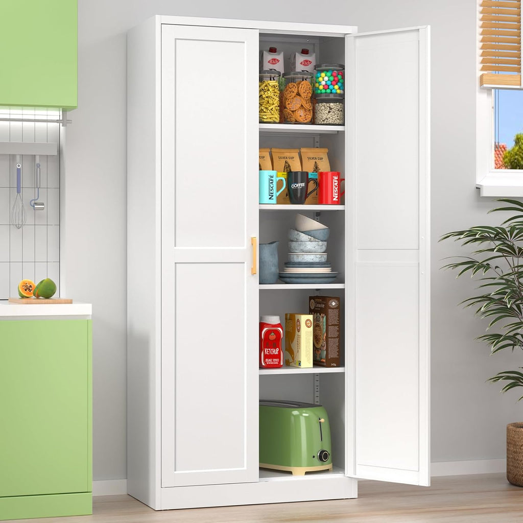 White Tall Kitchen Pantry Cabinet with Doors and Shelves H221495