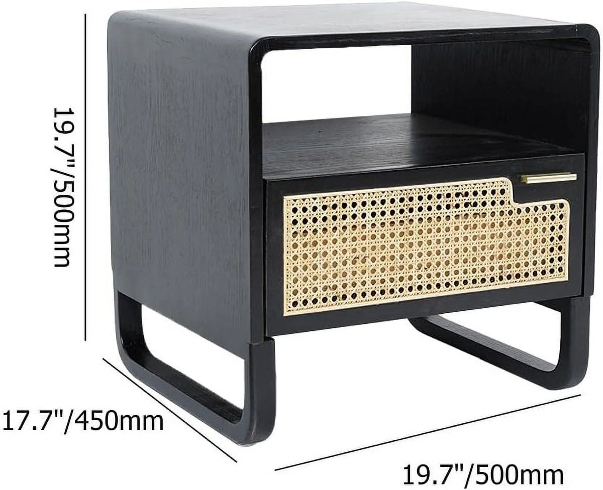 Black Rattan Woven Nightstand with 1 Drawer U1596
