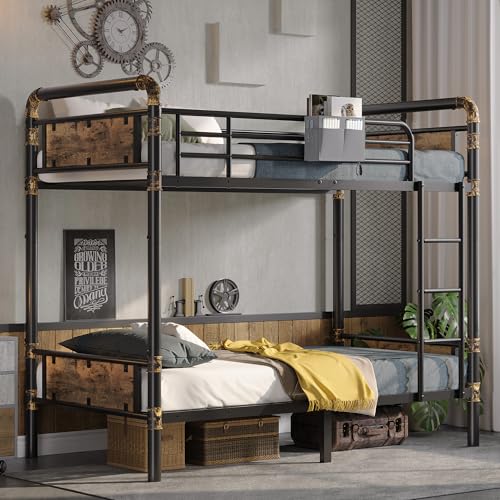 2 IN 1 Metal Bunk Bed Twin Over Twin, Convertible into 2 Individual Twin Size Bed, Vintage Brown I586
