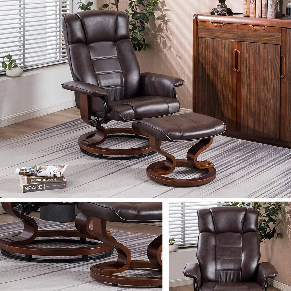 Cream White Faux Leather Swiveling Recliner Chair with Ottoman S94699