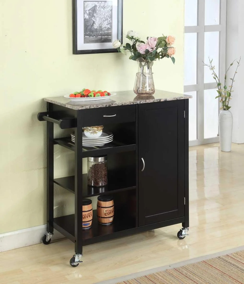 Black Wood & Marble Finish Kitchen Storage Cabinet Cart Z944198