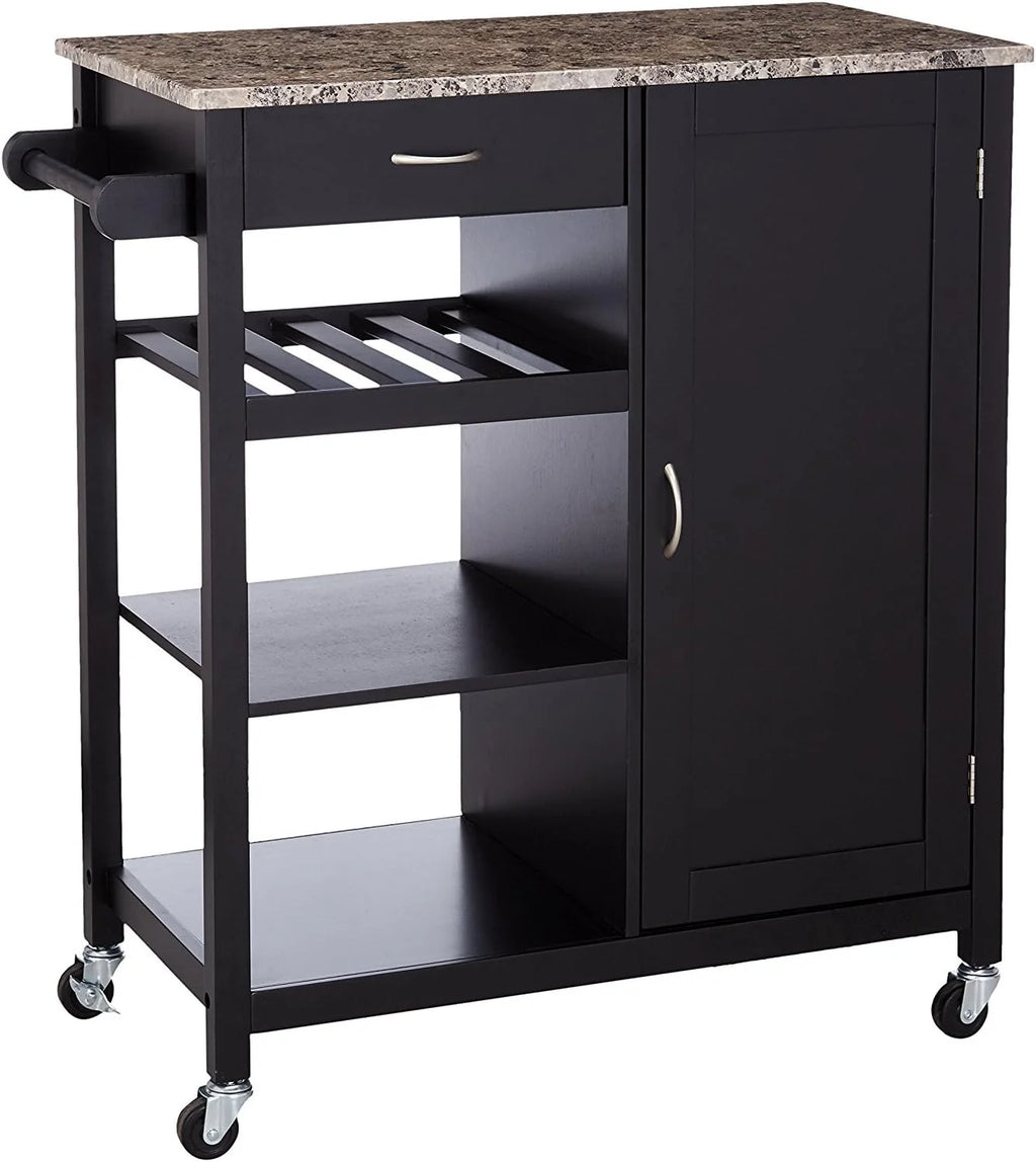 Black Wood & Marble Finish Kitchen Storage Cabinet Cart Z944198