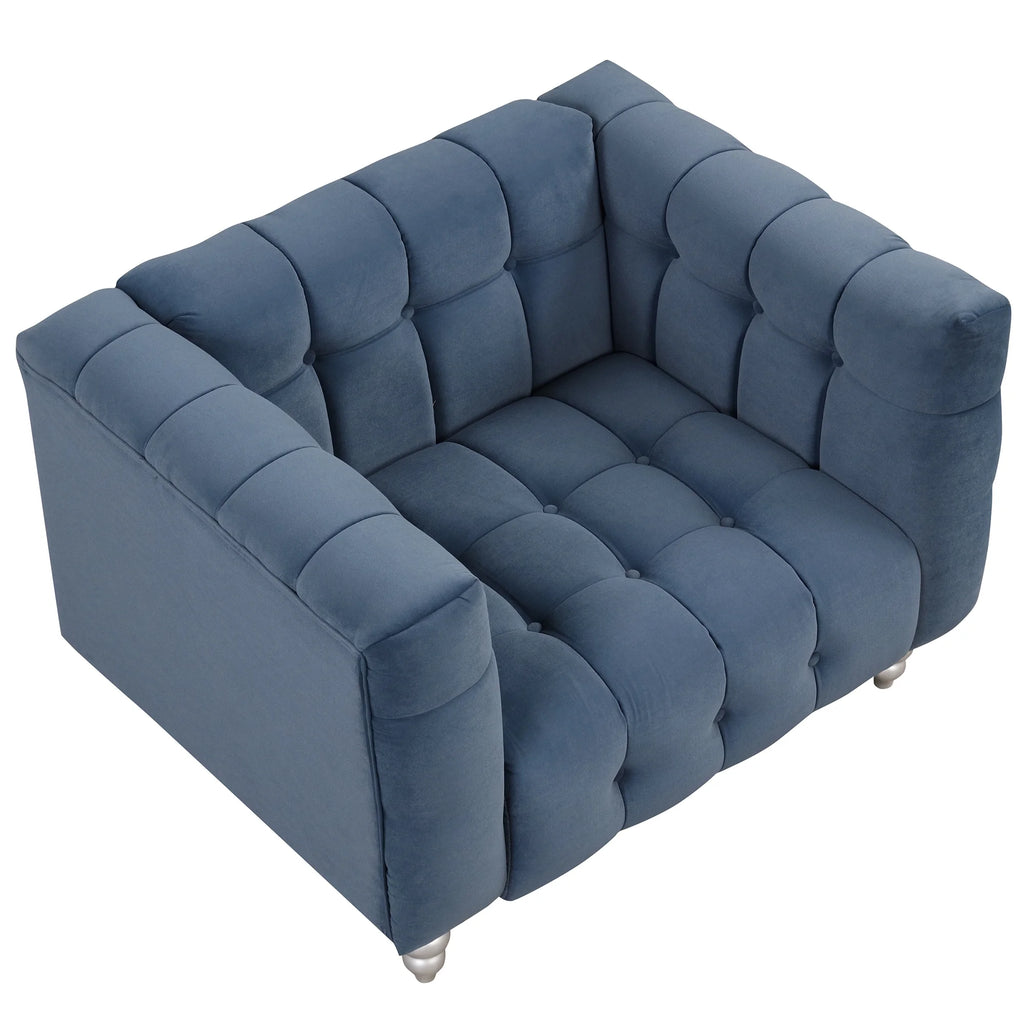 Blue Buttoned Tufted Sofa with Solid Wood Legs K3571