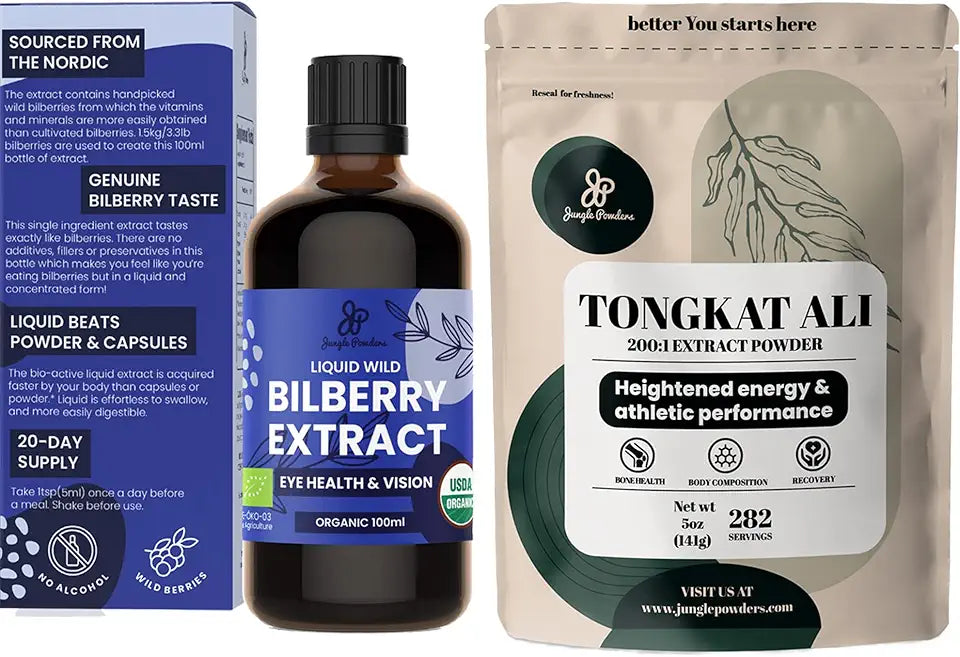 Tongkat Ali 200:1 Extract 5 Ounce Powder and Organic Bilberry Extract 3.4 oz K878205