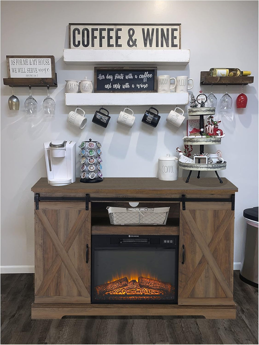 Farmhouse Coffee Bar Cabinet with Fireplace O690