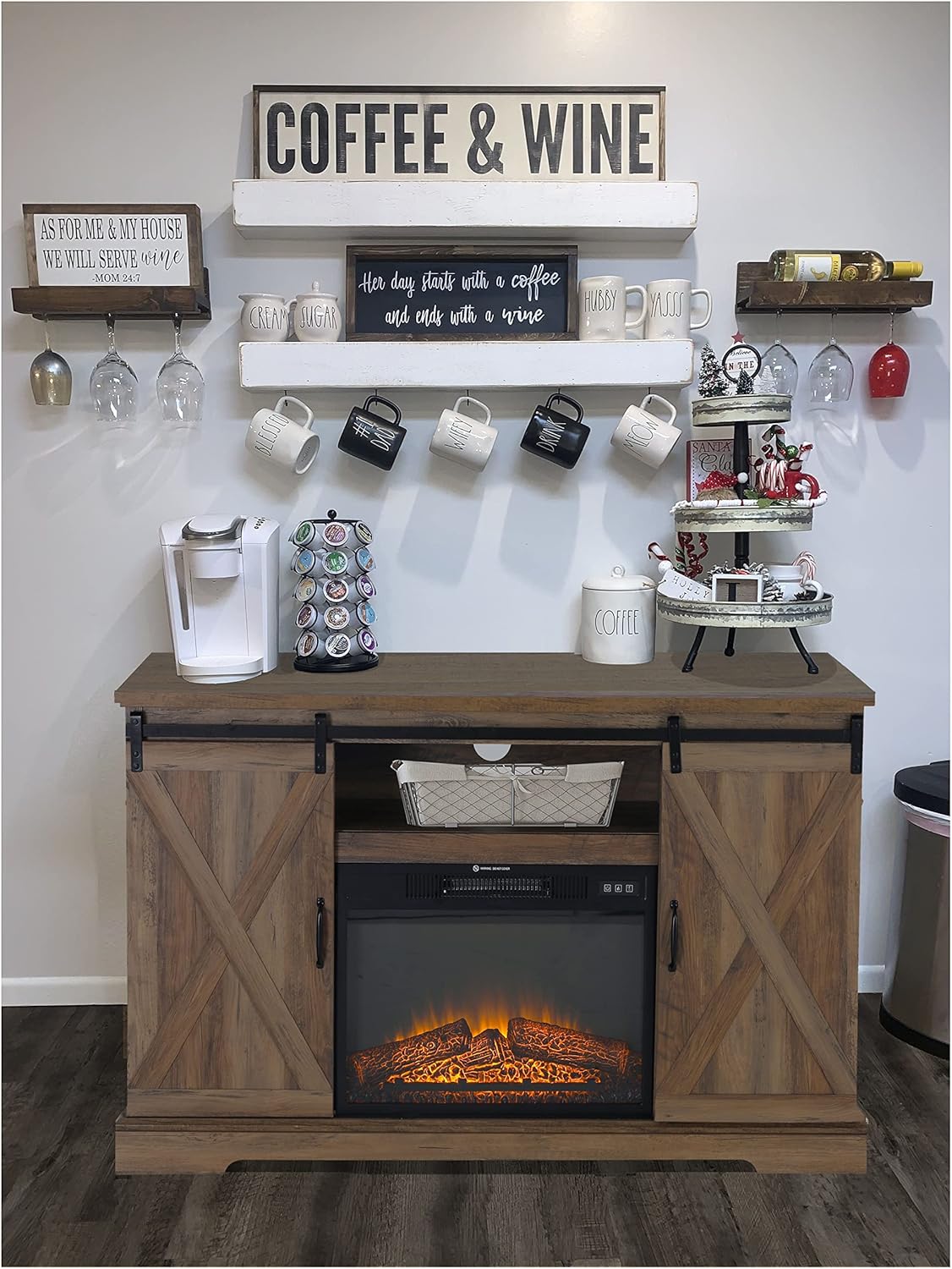 Farmhouse Coffee Bar Cabinet with Fireplace O690