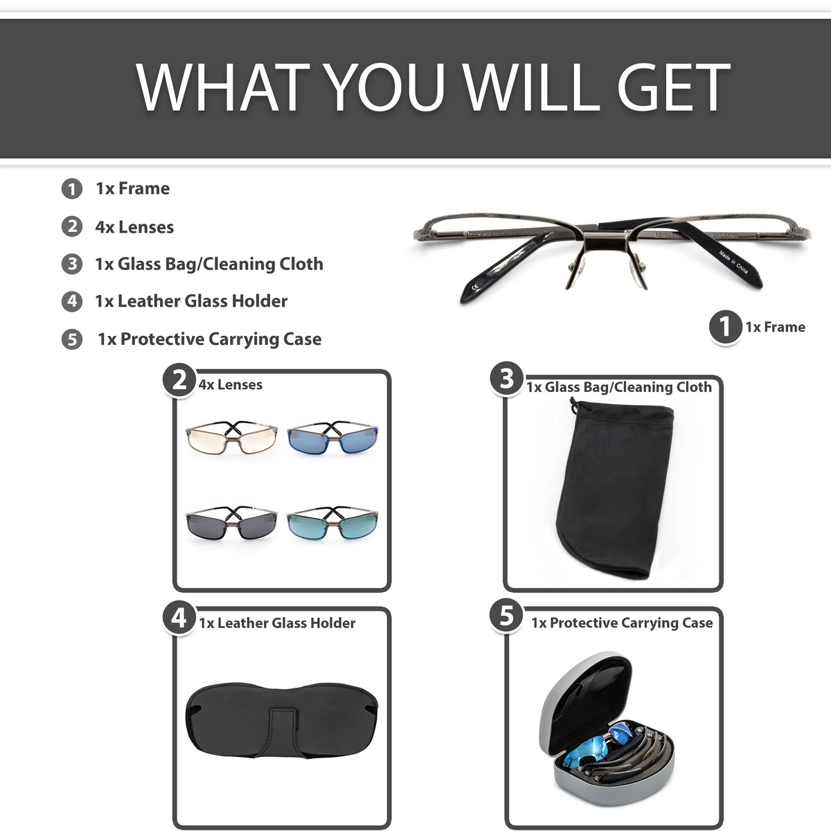 Rectangle Sunglasses with 4 Magnetic Clip-On Lenses Q2159