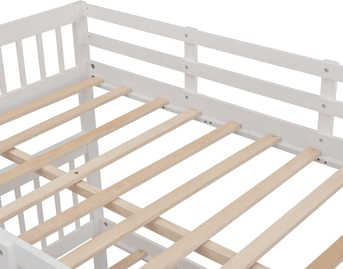 White Full Over Full Wooden Bunk Bed with Stairs and Storage Drawers N1942