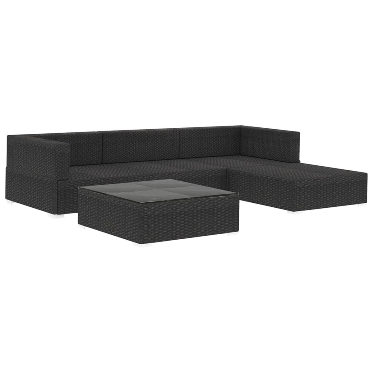 5 Piece Black Poly Rattan Outdoor Sectional Sofa Set with Tea Table and Ottoman C14839