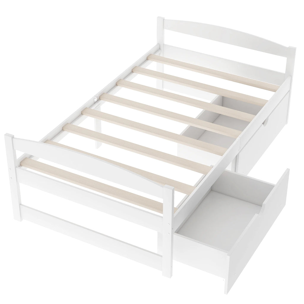 White Twin Size Platform Bed with 2 Drawers Y7843