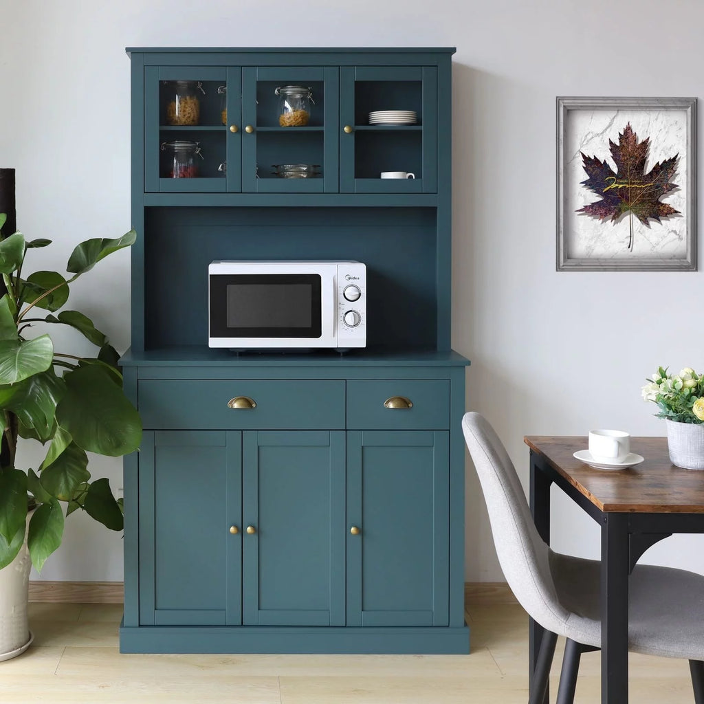 Blue Kitchen Pantry Storage Cabinet with Microwave Stand and Adjustable Shelves V5219