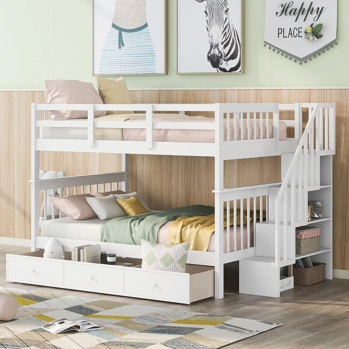 White Full Over Full Wooden Bunk Bed with Stairs and Storage Drawers N1942