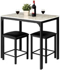 Black 3 Pieces Dining Table Set with Faux Marble Tabletop and PU Leather Stools W9848