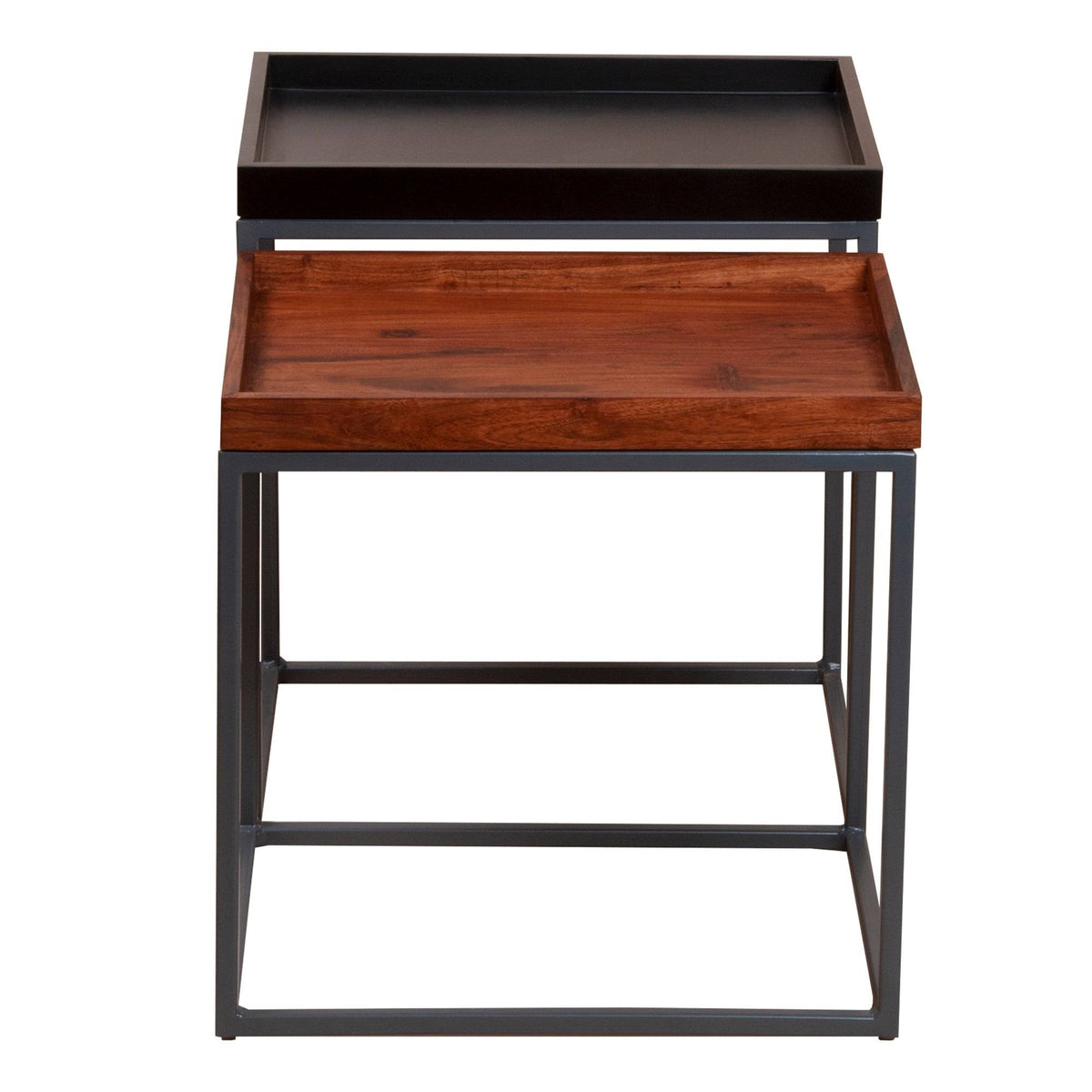 2 Piece Wooden Tray Top Nesting Table Set with Metal Frame, Brown and Black H636937