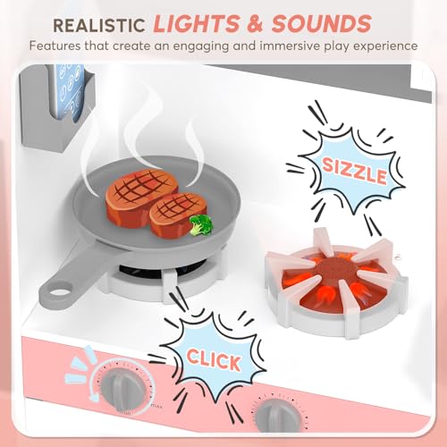Play Kitchen with Lights & Sounds, 28 Pcs Toy Food & Cookware N7145