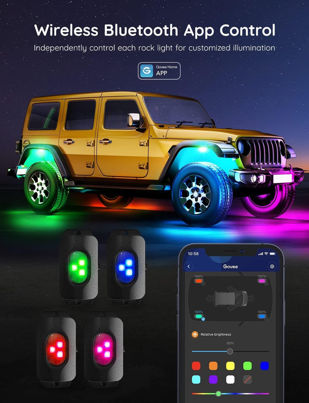 RGBIC Car Underglow Lights, 8 Pods, IP67 Waterproof, DC 12V G9828