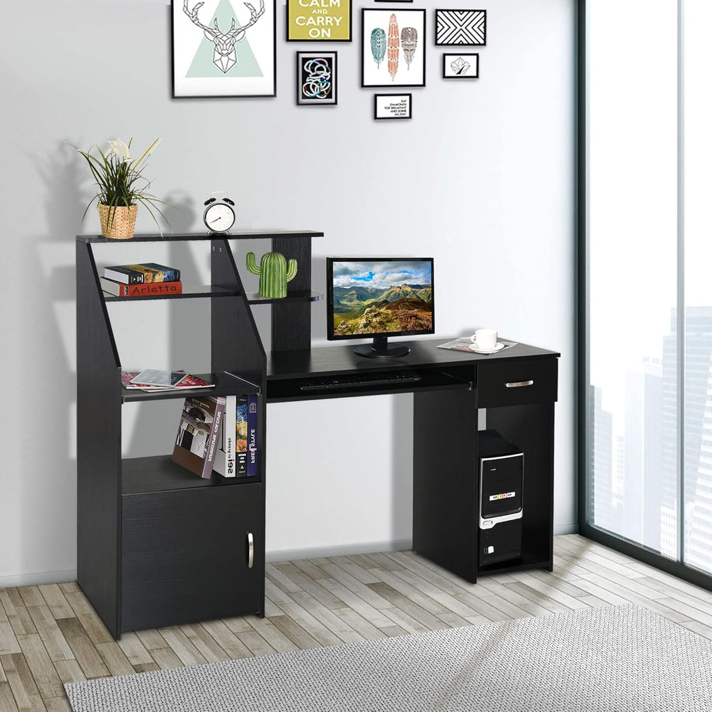 Black Wood Grain Computer Desk with Sliding Keyboard and Storage Shelves L54541