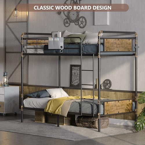 2 IN 1 Metal Bunk Bed Twin Over Twin, Convertible into 2 Individual Twin Size Bed, Vintage Brown I586