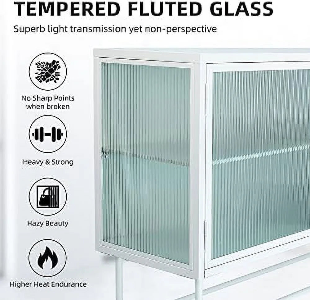 White Fluted Glass Corner Cabinet Sideboard I9012