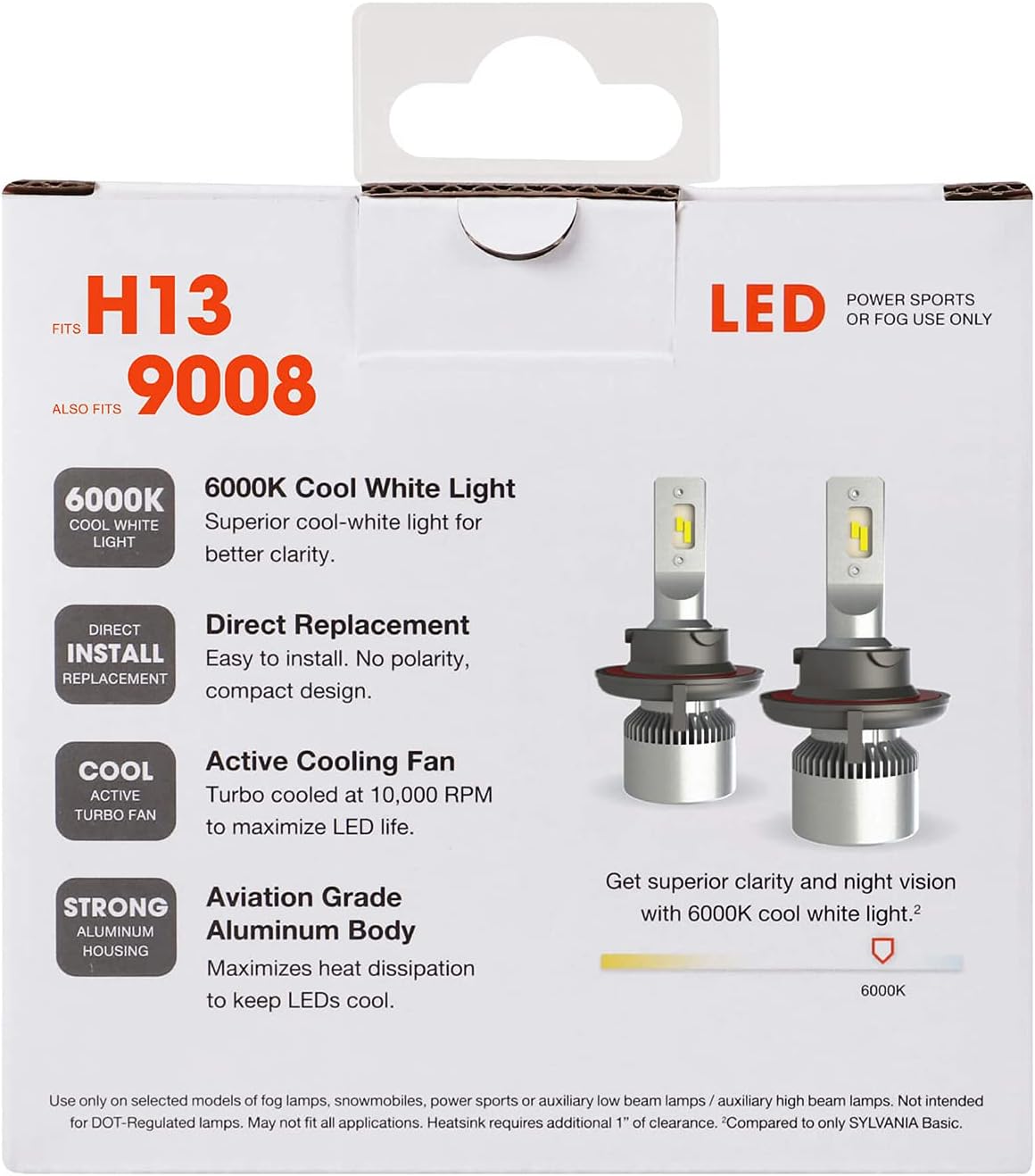 H13 6000K LED Headlight Replacement Bulbs, Cool White (2 Pack) T86384