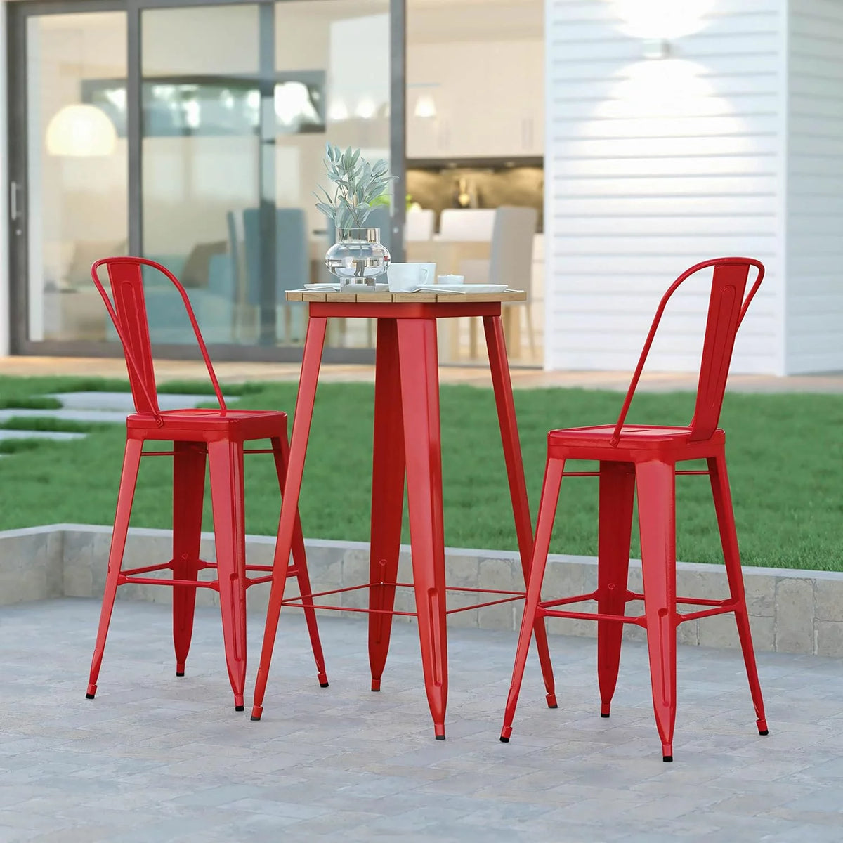 Indoor/Outdoor Bar Top Table Brown Resin Top Red Steel Base U90643