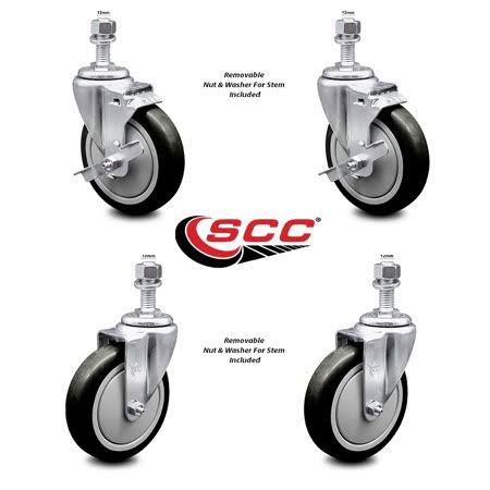 Set of 4 Blue Polyurethane Swivel Threaded Stem Casters with 5 inch x 1.25 inch Wheels and 12mm Stems G830388