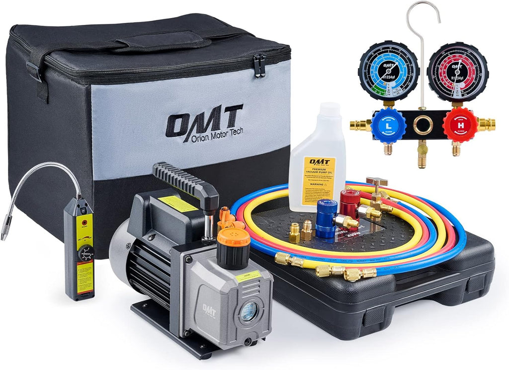 AC Gauges and Vacuum Pump with Leak Detector 5FT Hoses Quick Couplers, 4 cfm Vacuum Pump and Manifold Gauge Set E86119