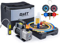 AC Gauges and Vacuum Pump with Leak Detector 5FT Hoses Quick Couplers, 4 cfm Vacuum Pump and Manifold Gauge Set E86119