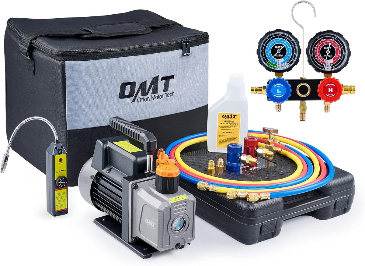 AC Gauges and Vacuum Pump with Leak Detector 5FT Hoses Quick Couplers, 4 cfm Vacuum Pump and Manifold Gauge Set E86119