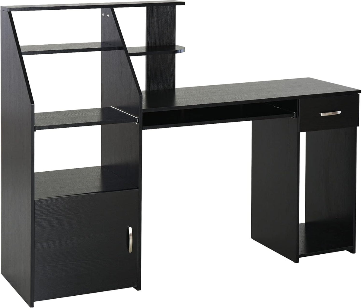 Black Wood Grain Computer Desk with Sliding Keyboard and Storage Shelves L54541