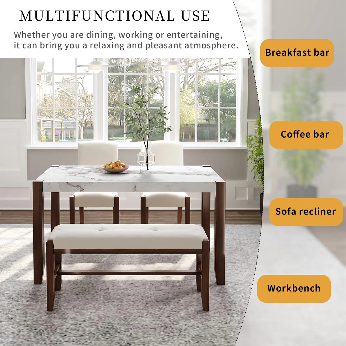 4-Piece Faux Marble Dining Furniture Set with 2 Upholstered Chairs & Bench T960207