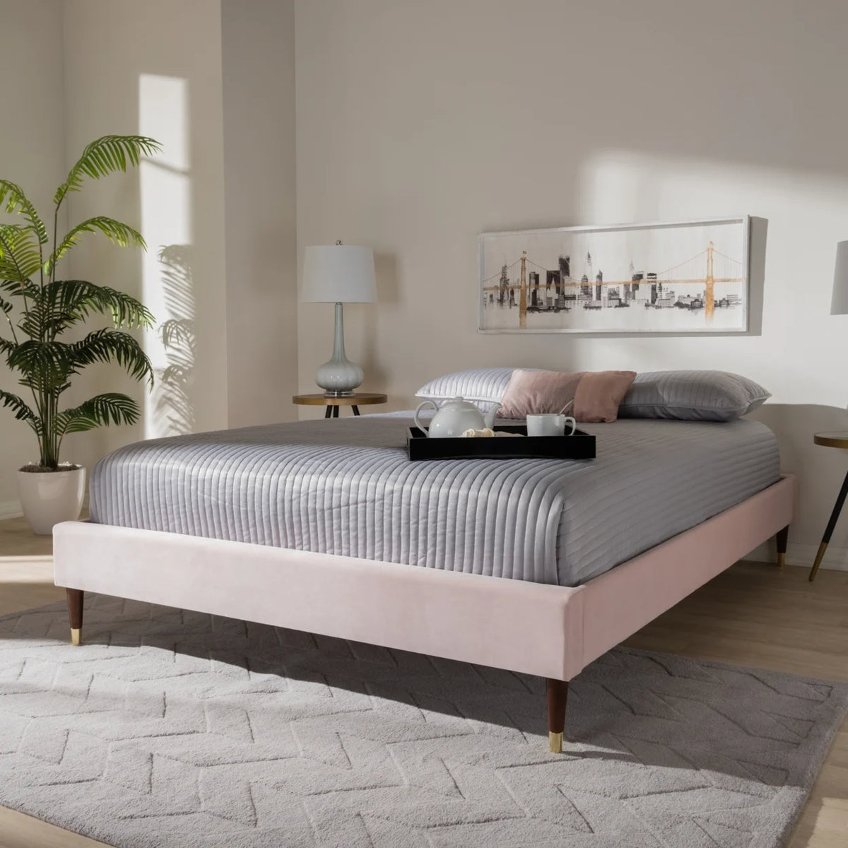 Light Pink Velvet Upholstered Full Size Wood Platform Bed Frame R651