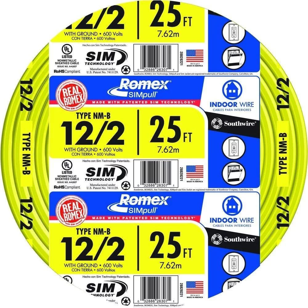 25' 12/2 with ground NM-B Yellow Electrical Wire W7153