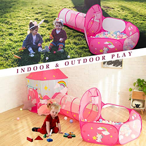 3pcs Kids Play Tent, Crawl Tunnel & Ball Pit with Basketball Hoop U3611
