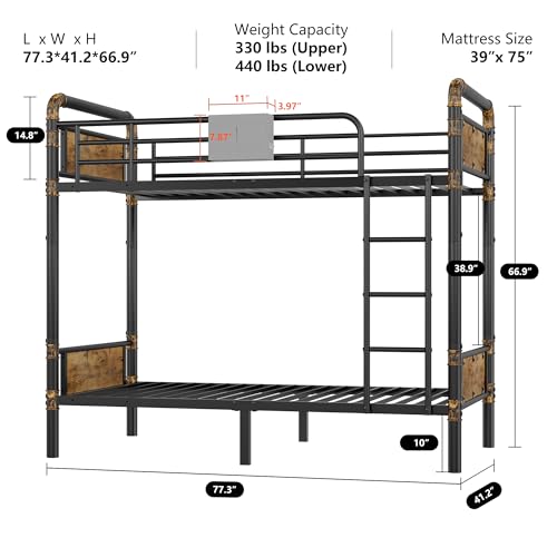 2 IN 1 Metal Bunk Bed Twin Over Twin, Convertible into 2 Individual Twin Size Bed, Vintage Brown I586