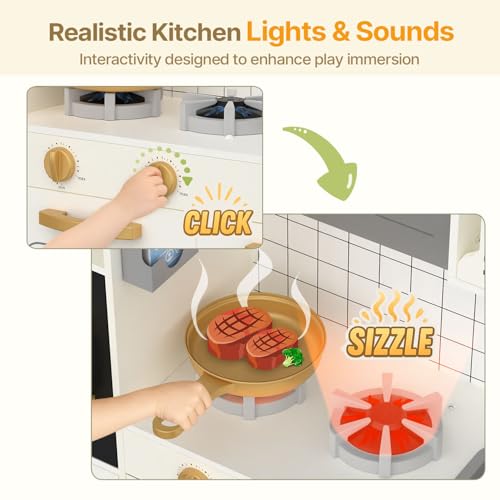 Play Kitchen with Lights & Sounds, 28 Pcs Toy Food & Cookware N7145
