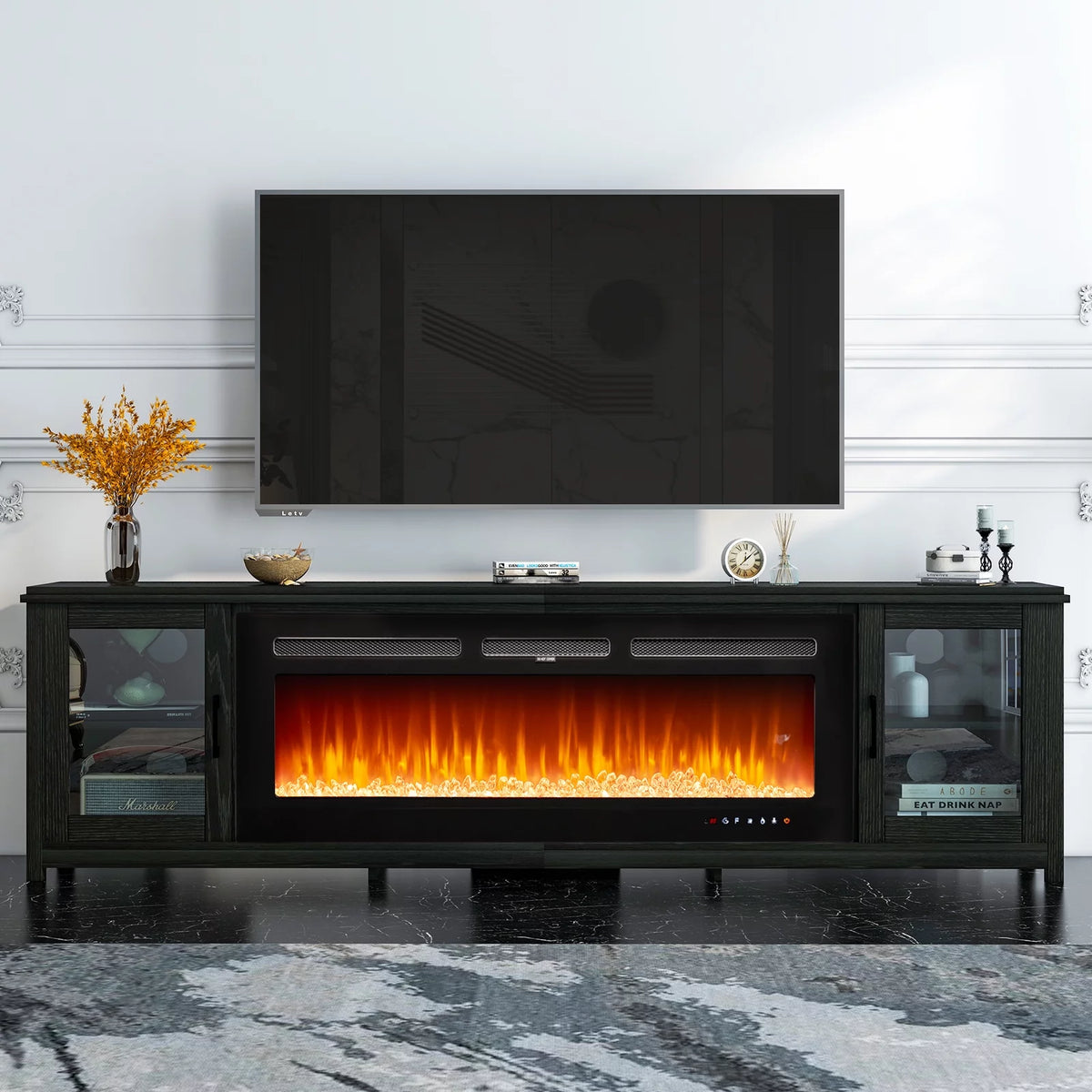 Black Fireplace TV Stand with Glass Doors M504