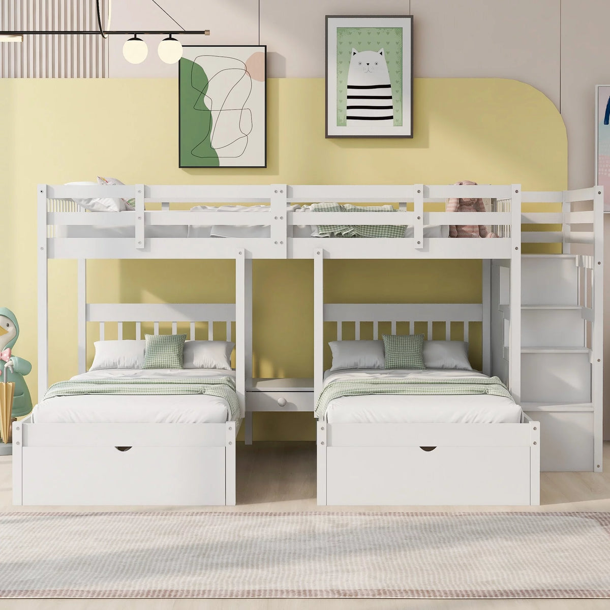 White Wood Triple Bunk Bed with Guardrails L838