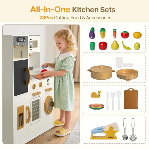 Play Kitchen with Lights & Sounds, 28 Pcs Toy Food & Cookware N7145