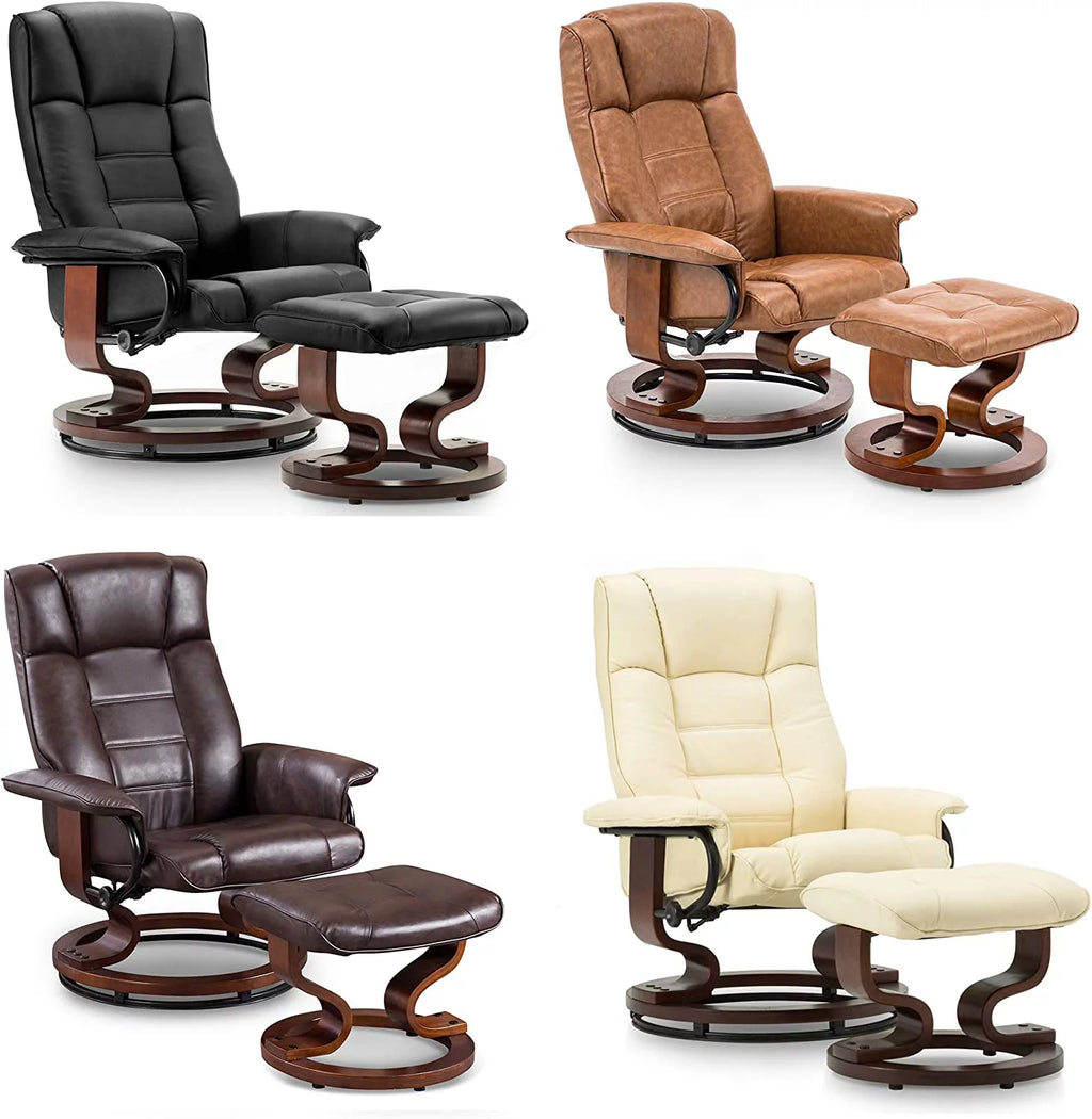 Cream White Faux Leather Swiveling Recliner Chair with Ottoman S94699